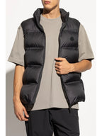 navy blue vest, Moncler vest, down filling vest, sleeveless outerwear, removable hood vest
