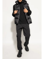 navy blue vest, Moncler vest, down filling vest, sleeveless outerwear, removable hood vest