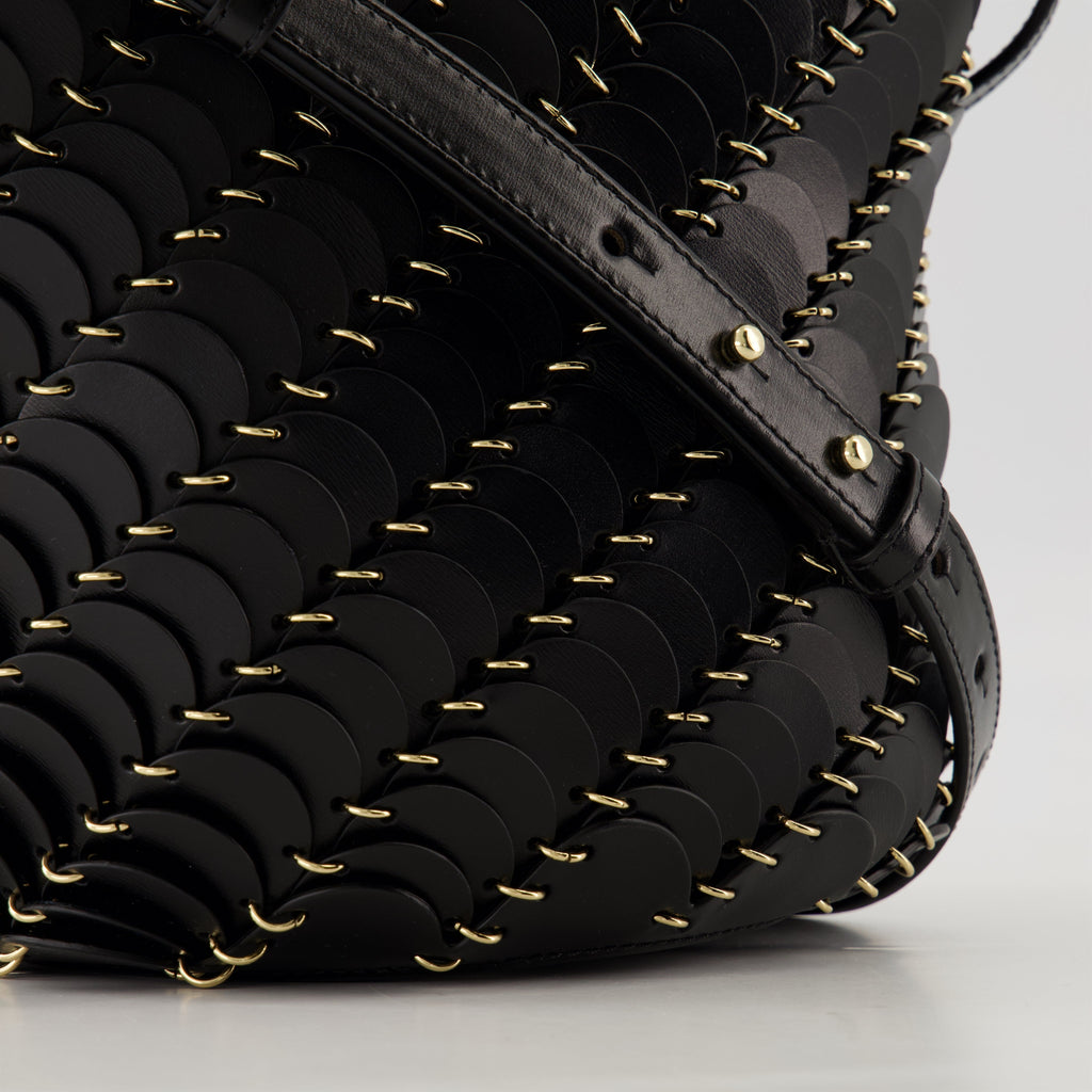 bucket bag, black handbag, Rabanne accessory, calf leather bag, chic purse