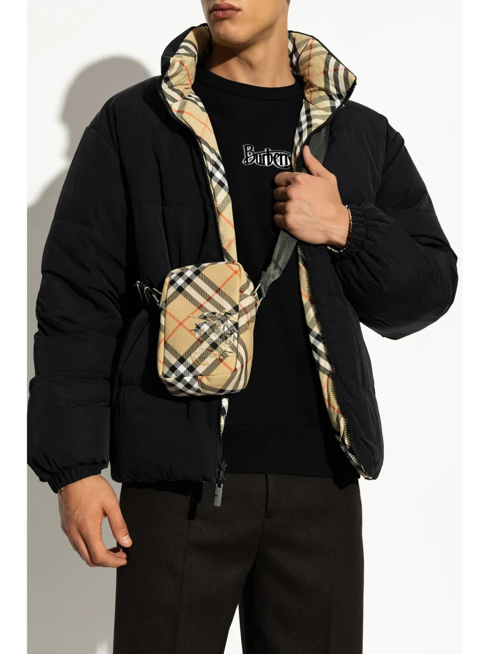 Vintage check pouch, crossbody bag, canvas pouch, adjustable strap, check pattern