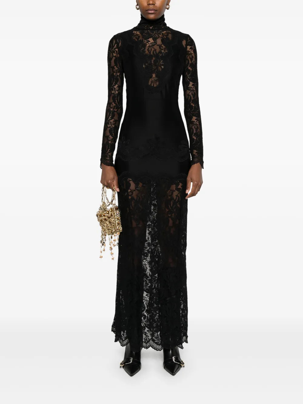 black lace dress, Rabanne dress, long sleeve dress, ankle length dress, embroidered lace dress