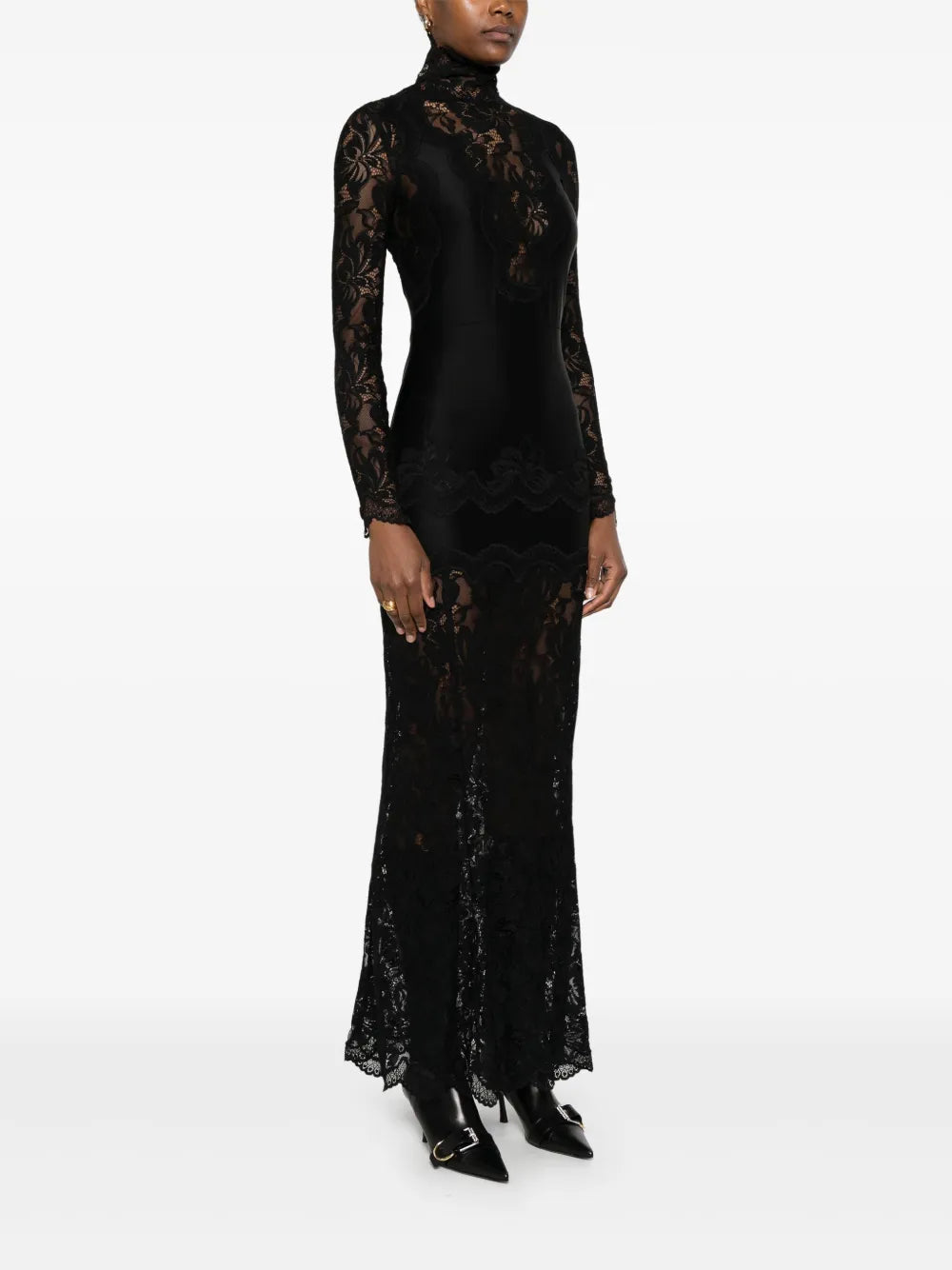 black lace dress, Rabanne dress, long sleeve dress, ankle length dress, embroidered lace dress