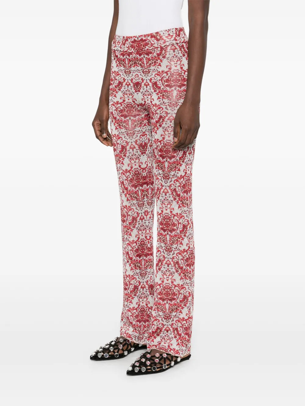 red printed pants, slim fit trousers, metallic effect pants, women's fashion, Rabanne pants