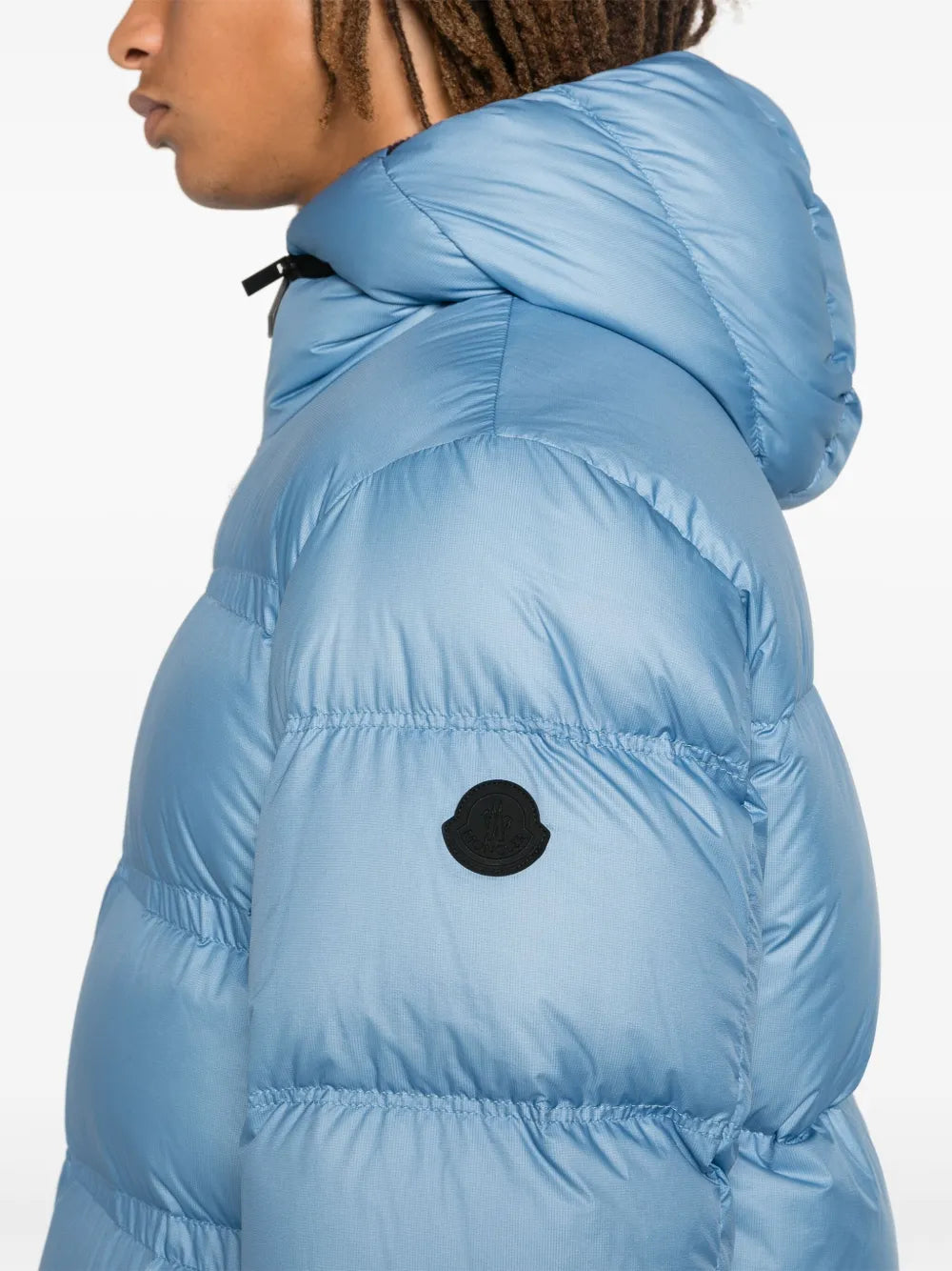 Image of Light Blue Nylon Puffer Jacket by Moncler for Men - Season Autumn-Winter 2024 - Detail View 7