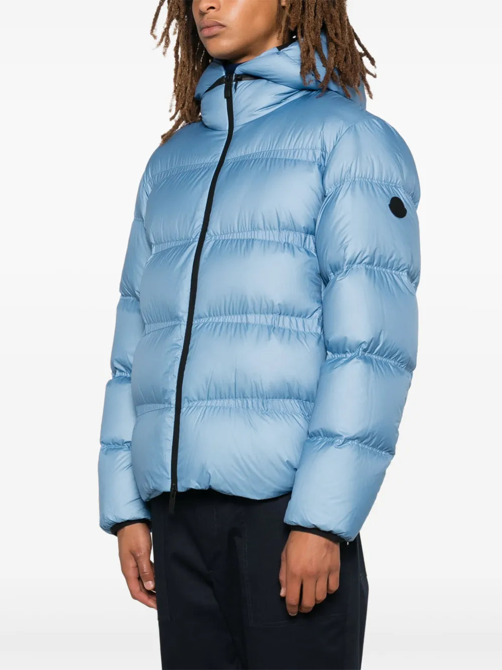Image of Light Blue Nylon Puffer Jacket by Moncler for Men - Season Autumn-Winter 2024 - Detail View 1