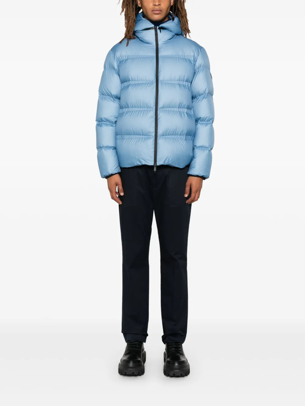 Image of Light Blue Nylon Puffer Jacket by Moncler for Men - Season Autumn-Winter 2024 - Back View