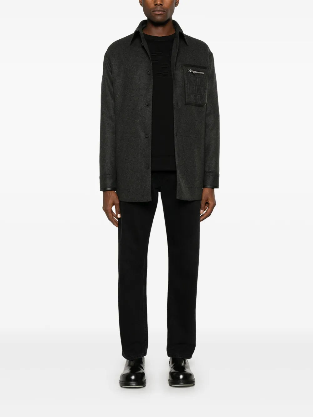 Gray Wool Shirt Jacket with Leather Trim