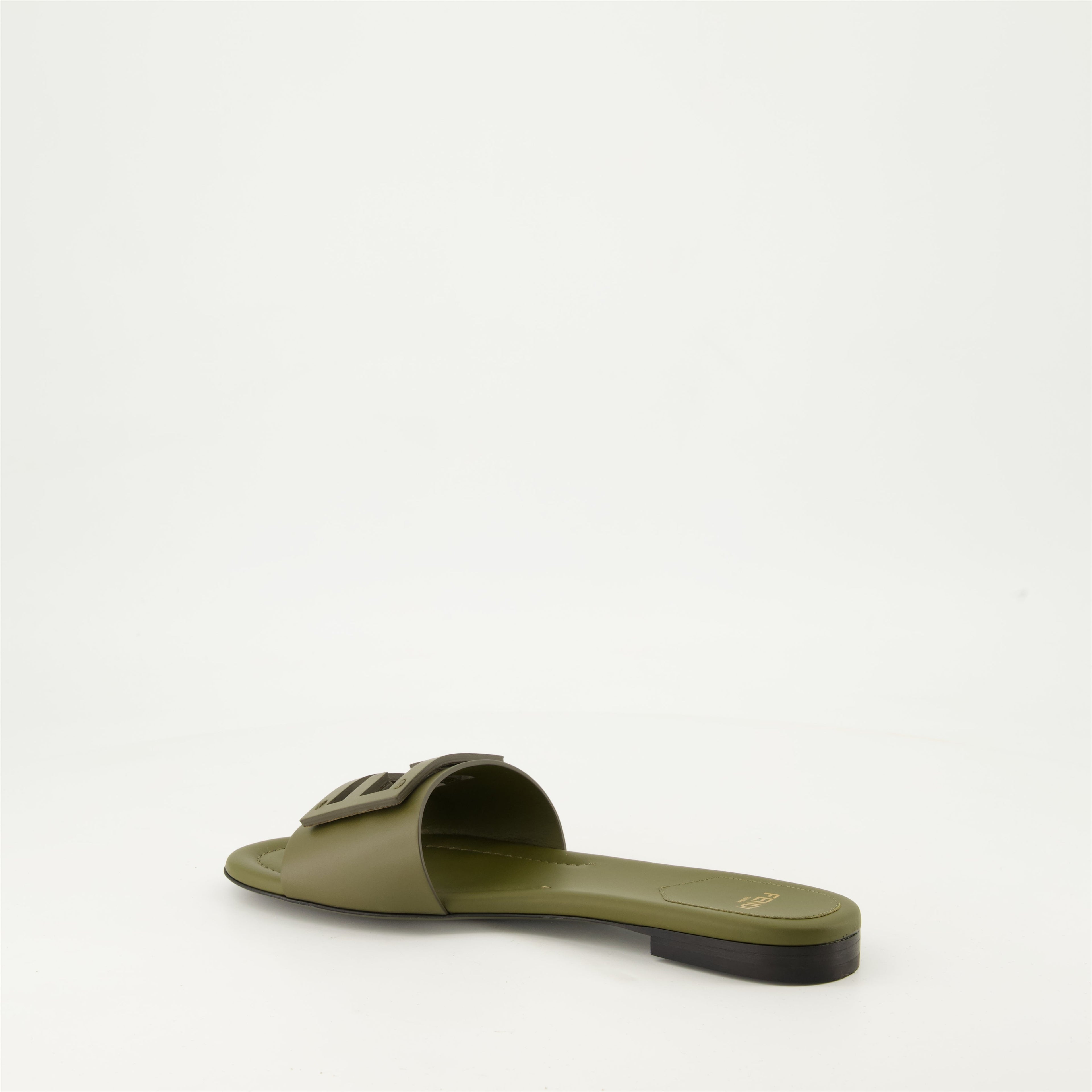 Baguette sandals, khaki leather sandals, metal FF strap, flat sandals, fall winter 2024