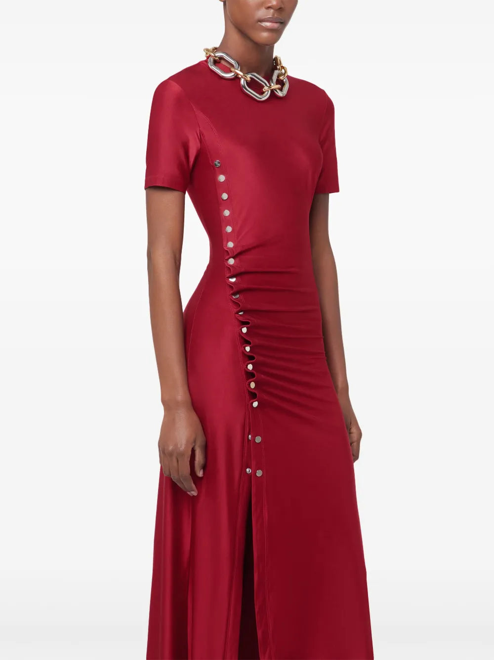 red lurex dress, draped dress, Rabanne dress, elegant dress, contemporary fashion