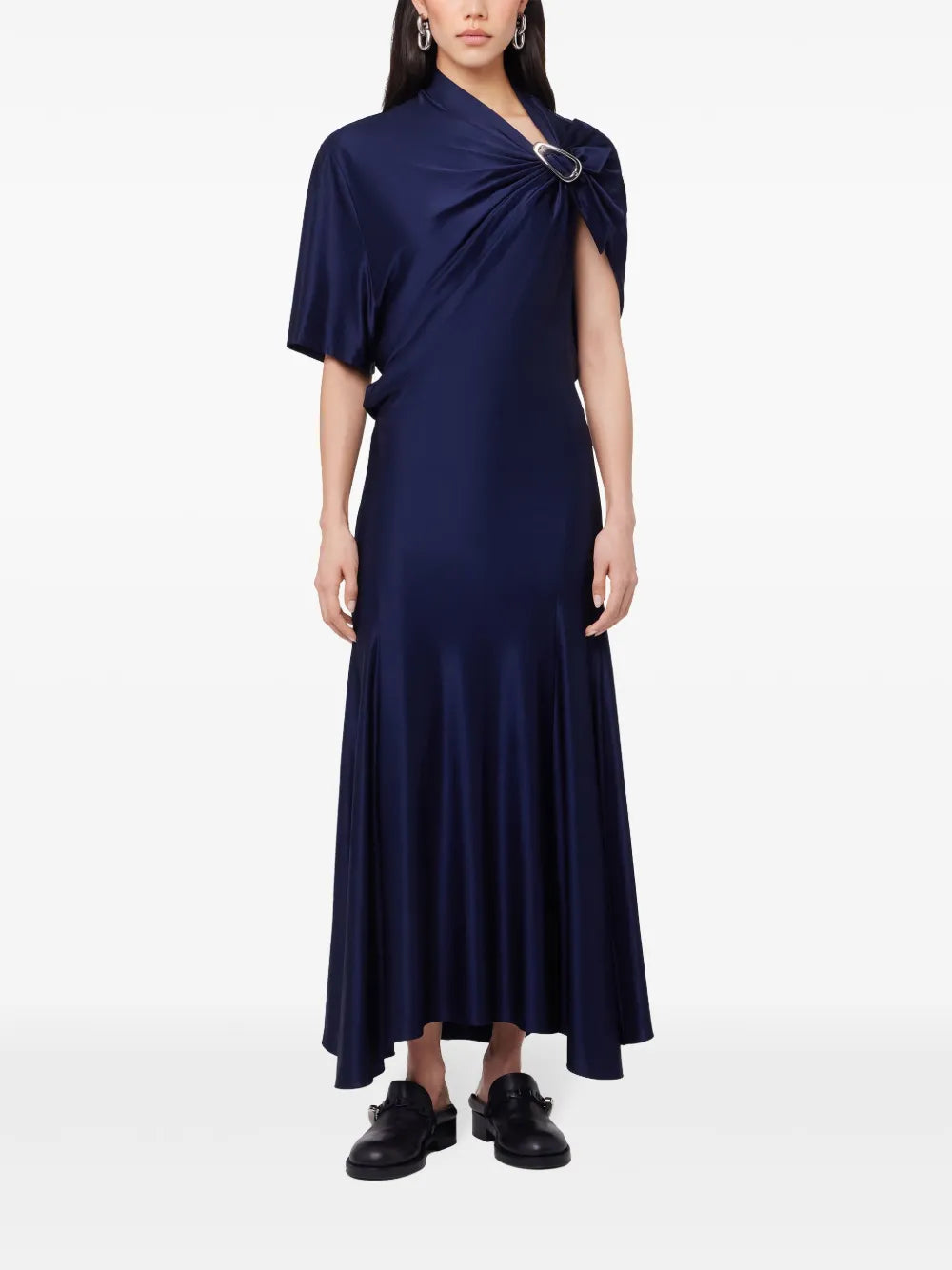 navy dress, asymmetrical dress, Rabanne, ankle-length dress, high collar dress