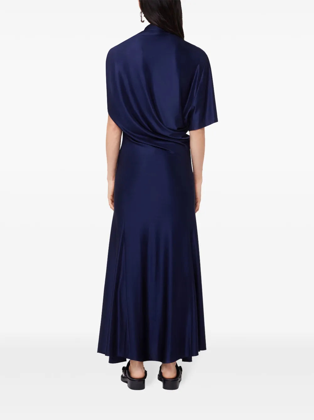 navy dress, asymmetrical dress, Rabanne, ankle-length dress, high collar dress