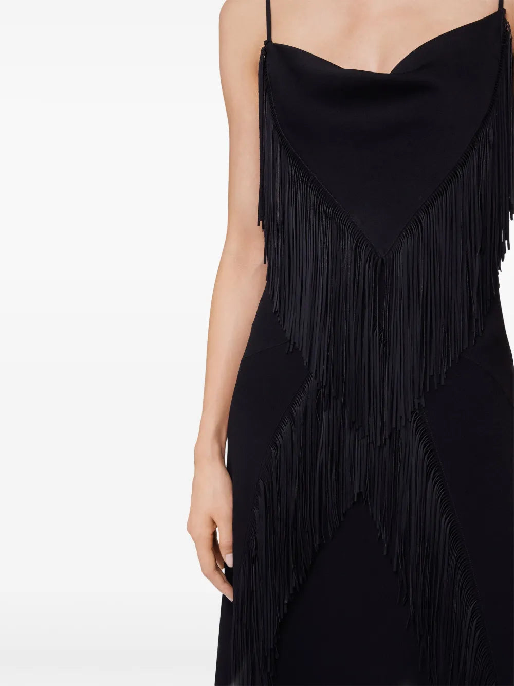 fringe dress, Rabanne dress, long dress black, cowl neck dress, summer fashion