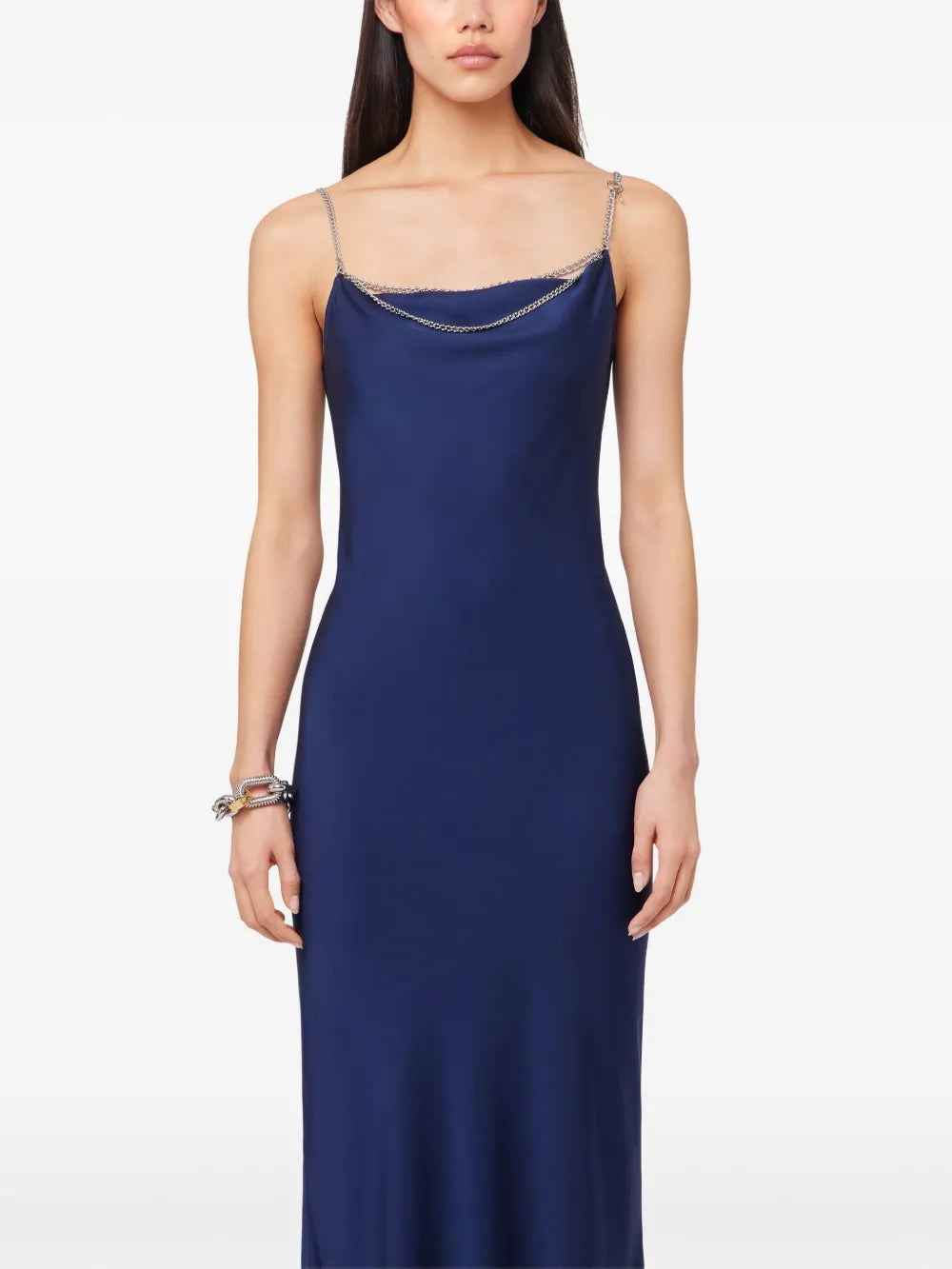 satin long dress, navy blue dress, Rabanne dress, evening dress, women's fashion