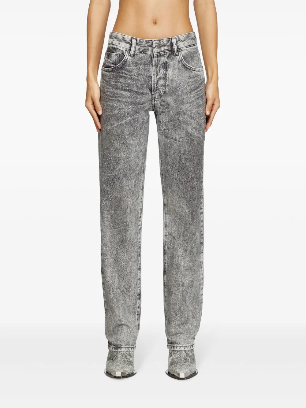 Denim jeans, Strass embellishment, Washed gray denim, Diesel jeans, Straight cut jeans