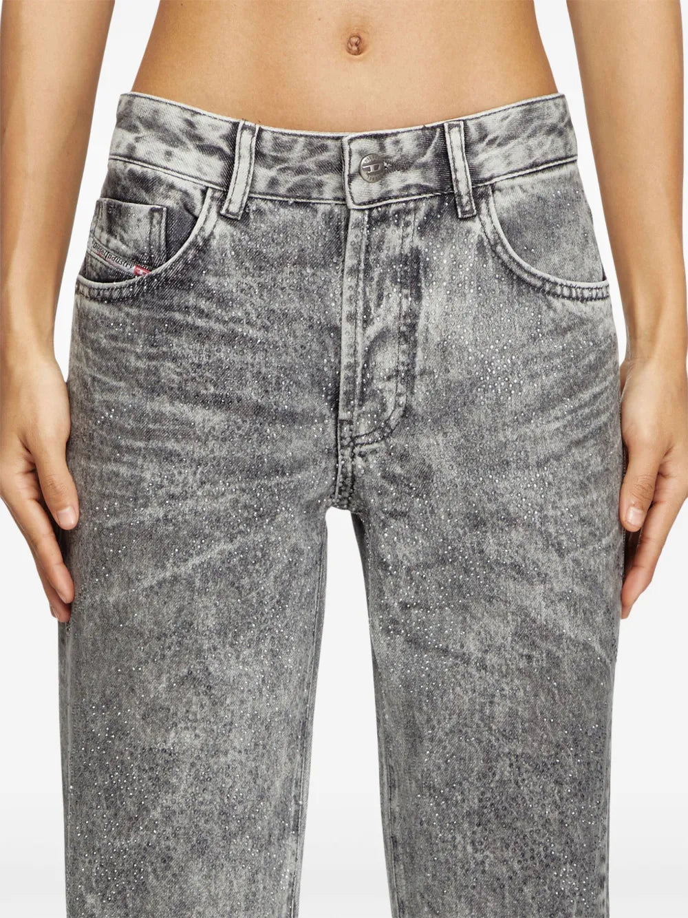 Denim jeans, Strass embellishment, Washed gray denim, Diesel jeans, Straight cut jeans