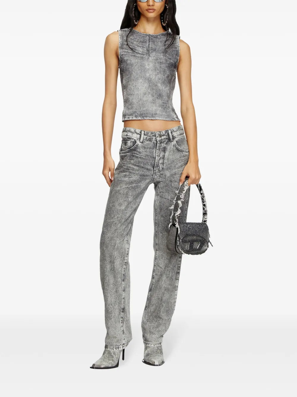 Denim jeans, Strass embellishment, Washed gray denim, Diesel jeans, Straight cut jeans