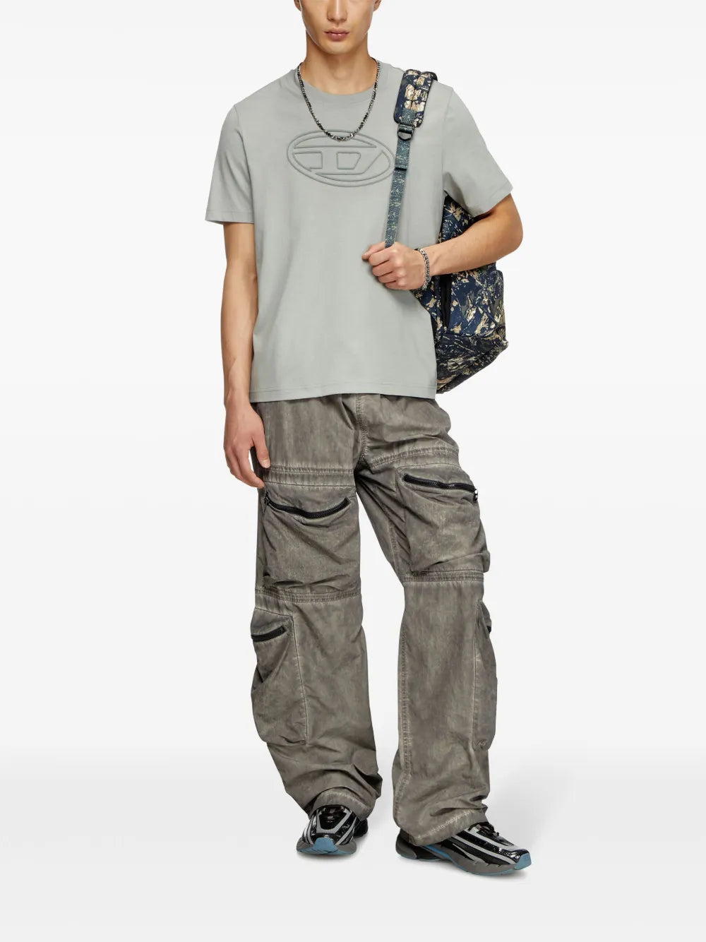 Diesel T-shirt, T-Adjust-Bigoval, blue-gray T-shirt, embossed logo tee, cotton T-shirt