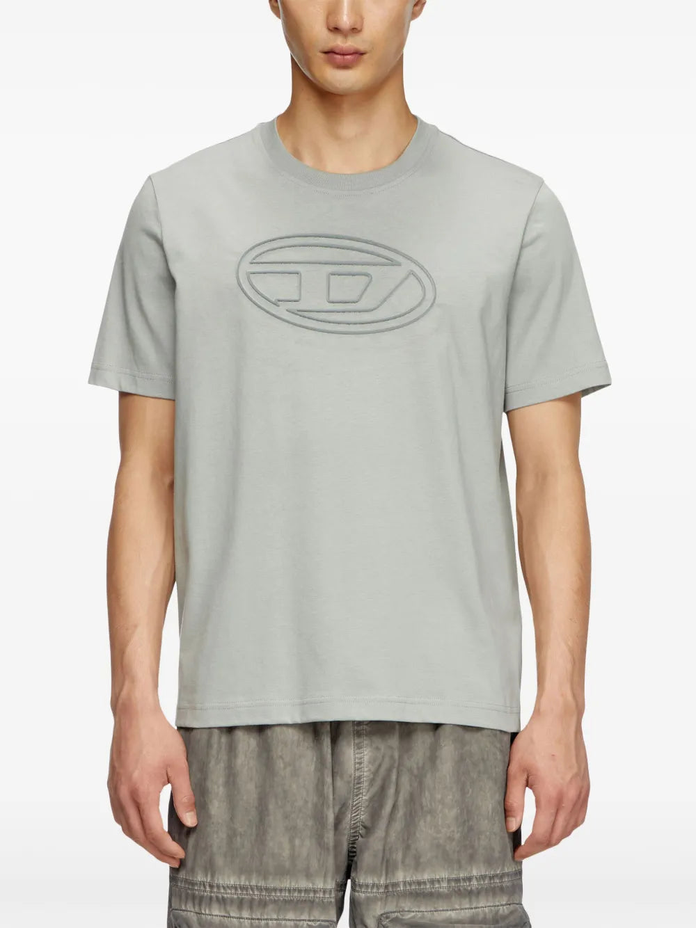 Diesel T-shirt, T-Adjust-Bigoval, blue-gray T-shirt, embossed logo tee, cotton T-shirt