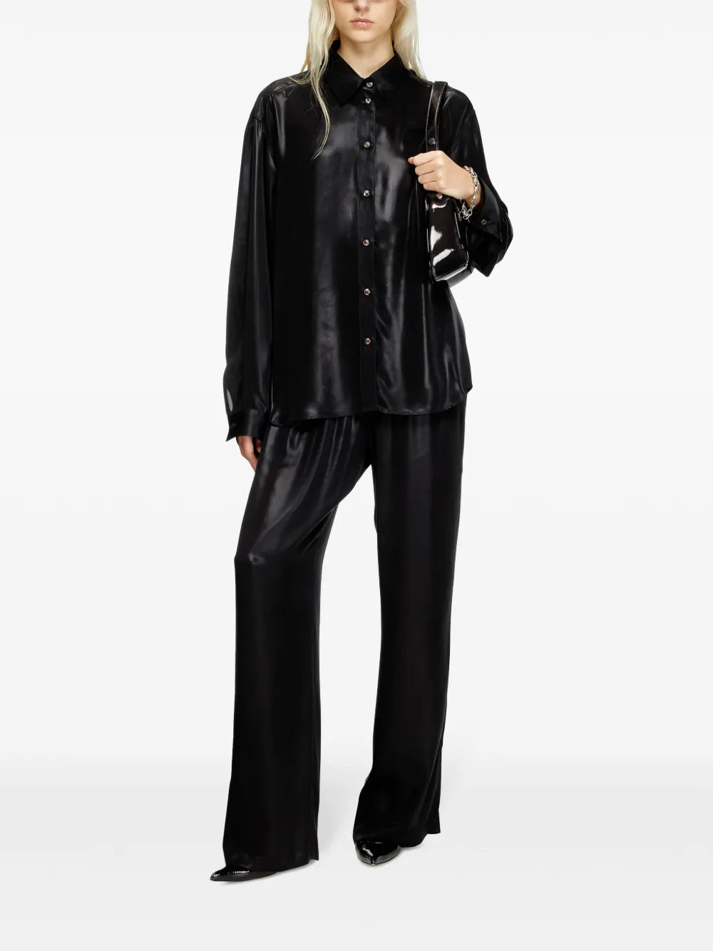 black trousers, fluid trousers, satin finish, P-Dreyer, women's fashion