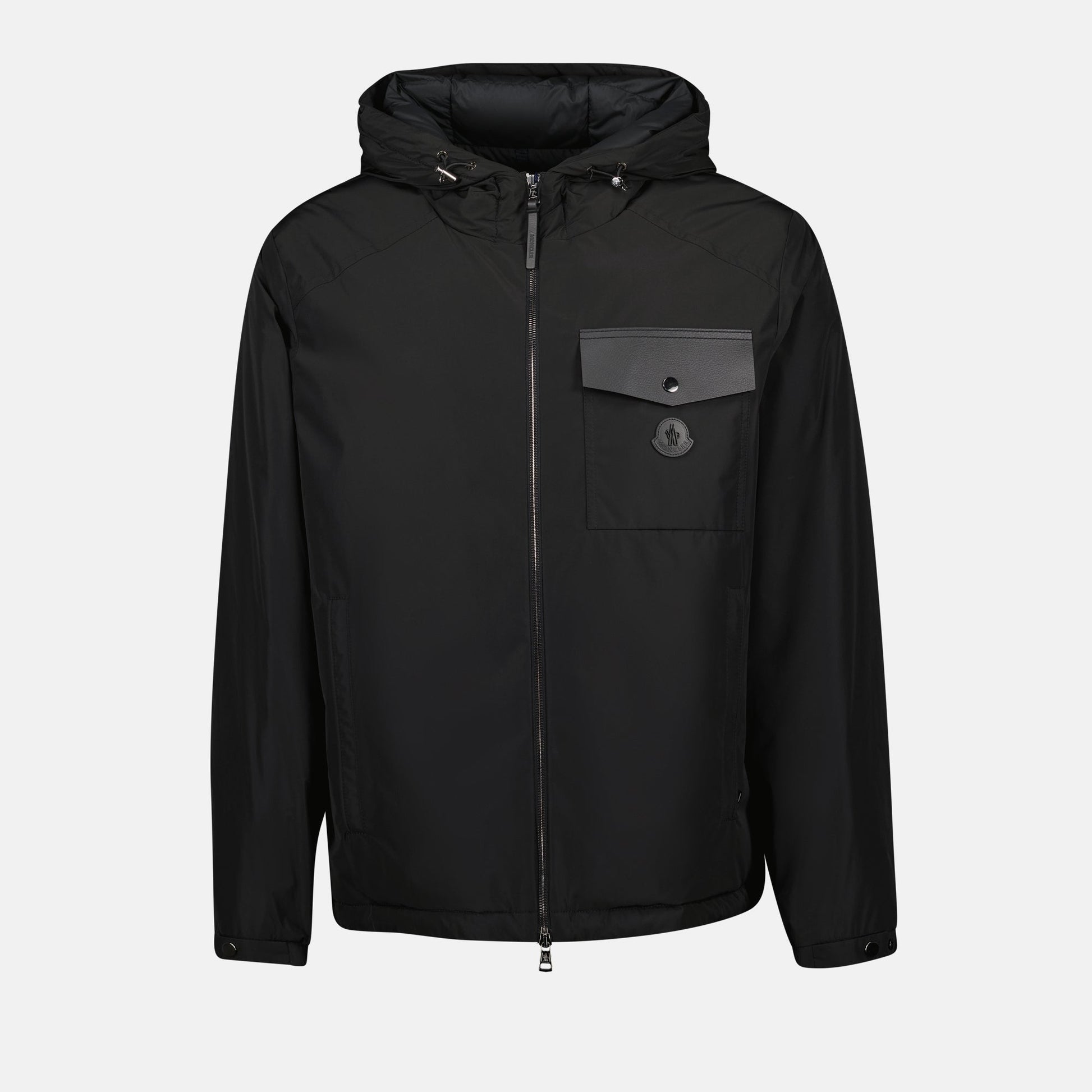 black windbreaker, adjustable hood, leather details, autumn-winter jacket, ribbed edges