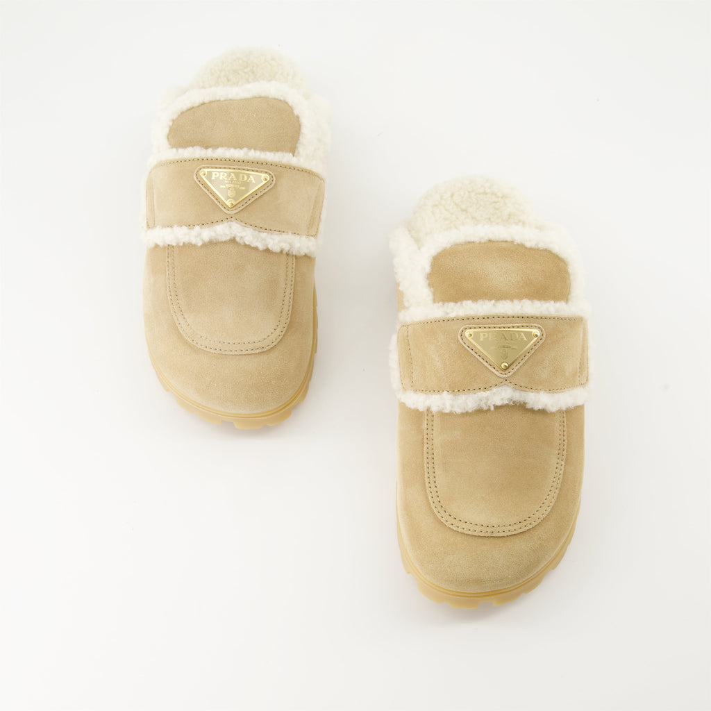 luxury mules, shearling mules, Prada footwear, Autumn-Winter shoes, beige mules