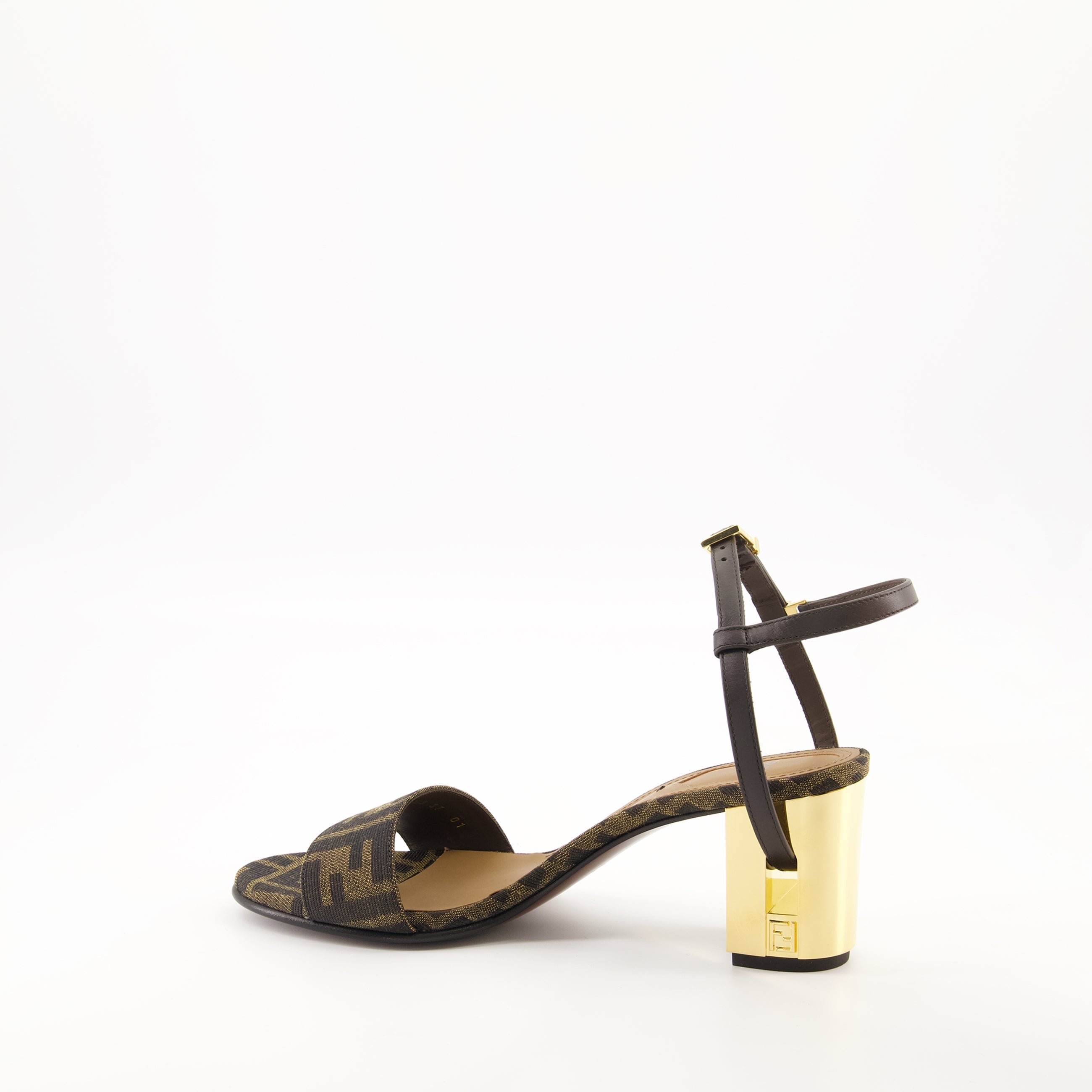brown heeled sandals, Delfina, adjustable ankle strap, FF print, Fendi sandals