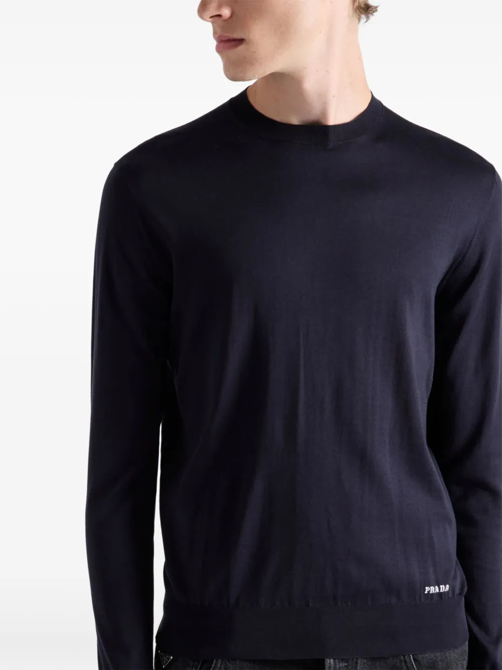 blue silk sweater, Prada sweater, spring-summer fashion, men's knitwear, embroidered logo jumper