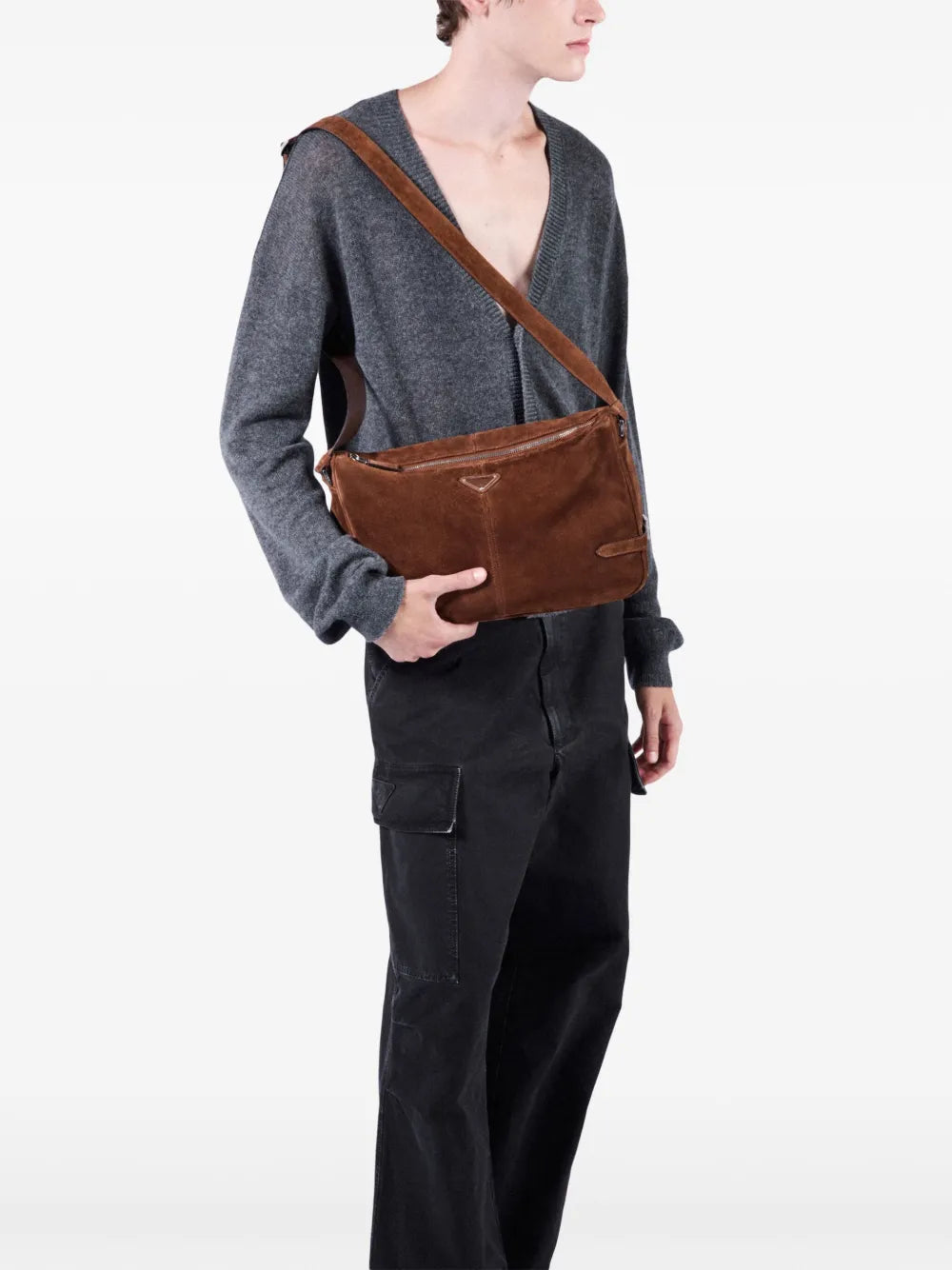 Image of Black Distressed Cargo Pants by Prada for Men - Season Spring-Summer 2025 - Model view 3