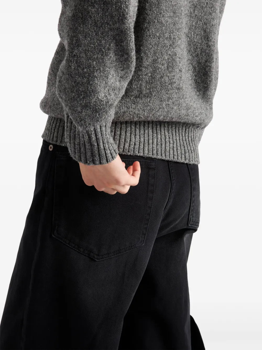 black denim jeans, wide-leg jeans, five-pocket design, metal logo jeans, faded black jeans