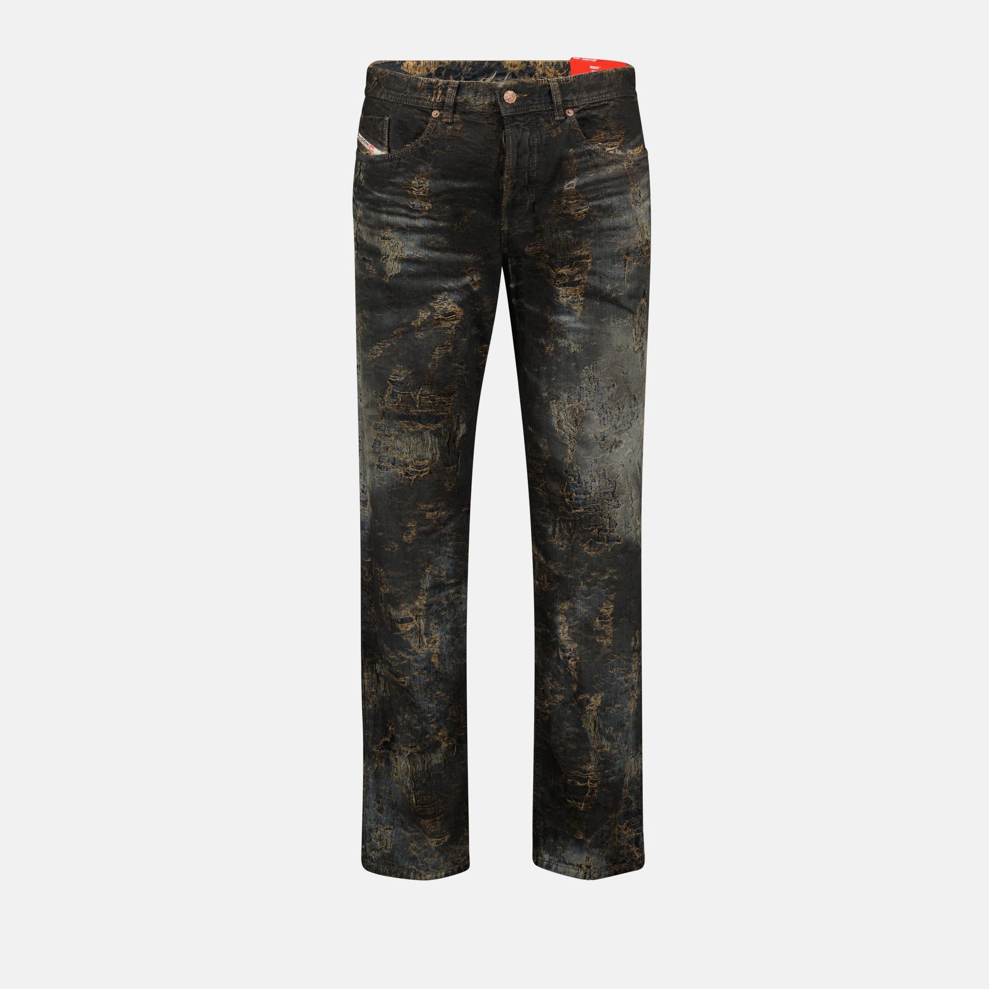 straight leg jeans, distressed denim, five-pocket design, embroidered detailing, black denim