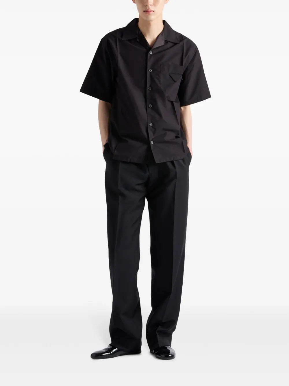 black short sleeve shirt, oversize fit, triangle logo, cotton nylon blend, Prada Spring-Summer 2025