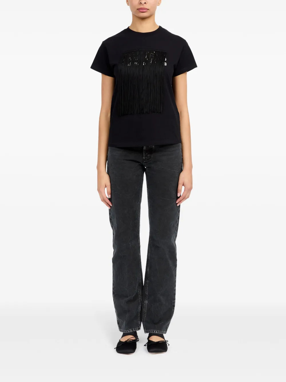MM6 Numeric T-shirt, Black Fringed T-shirt, Cropped Cotton T-shirt, Designer T-shirts 2025, Chic Black Tops