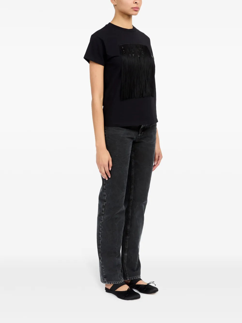 MM6 Numeric T-shirt, Black Fringed T-shirt, Cropped Cotton T-shirt, Designer T-shirts 2025, Chic Black Tops