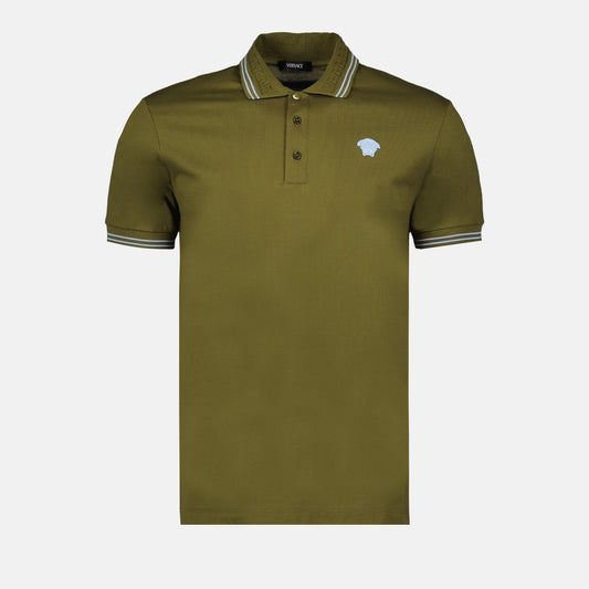 Versace polo shirt, khaki cotton polo, luxury men's polo, designer polo shirt, Autumn-Winter 2024 fashion