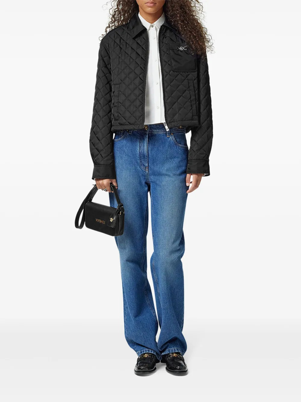 diamond quilted blouson, Versace outerwear, contemporary style jacket, women's quilted jacket, Medusa finish apparel