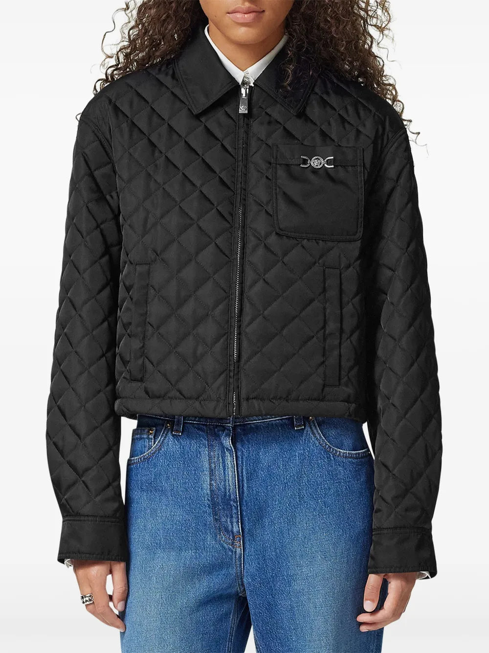 diamond quilted blouson, Versace outerwear, contemporary style jacket, women's quilted jacket, Medusa finish apparel