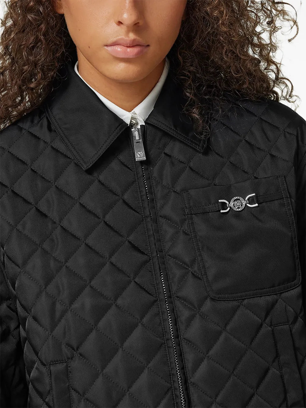 diamond quilted blouson, Versace outerwear, contemporary style jacket, women's quilted jacket, Medusa finish apparel