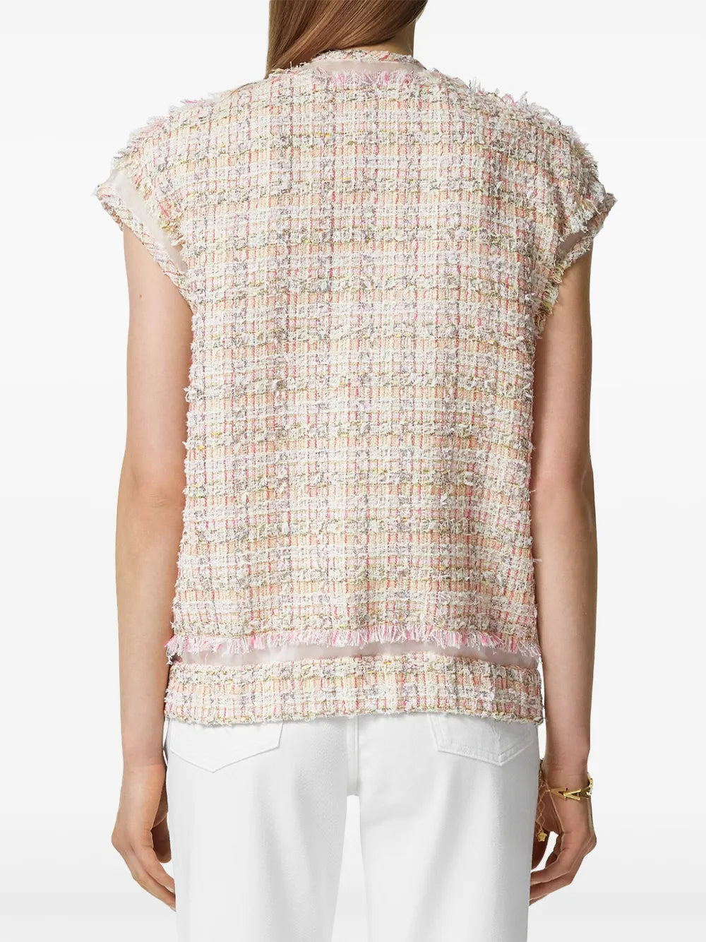 sleeveless jacket, tweed jacket, Versace style, women's outerwear, luxurious tweed