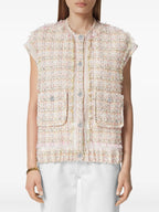 sleeveless jacket, tweed jacket, Versace style, women's outerwear, luxurious tweed