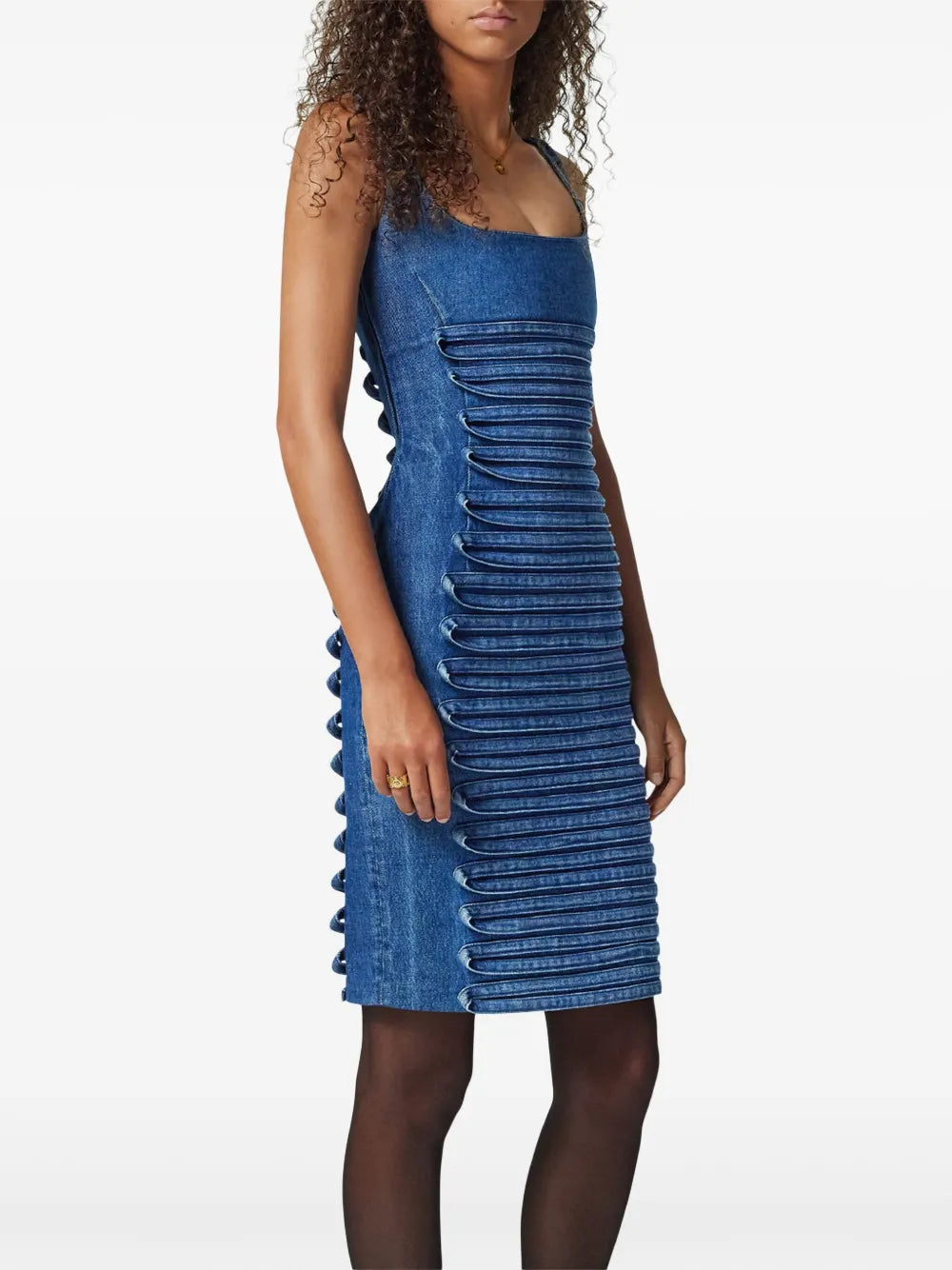 Denim dress, Versace, summer fashion, casual elegance, fitted dress