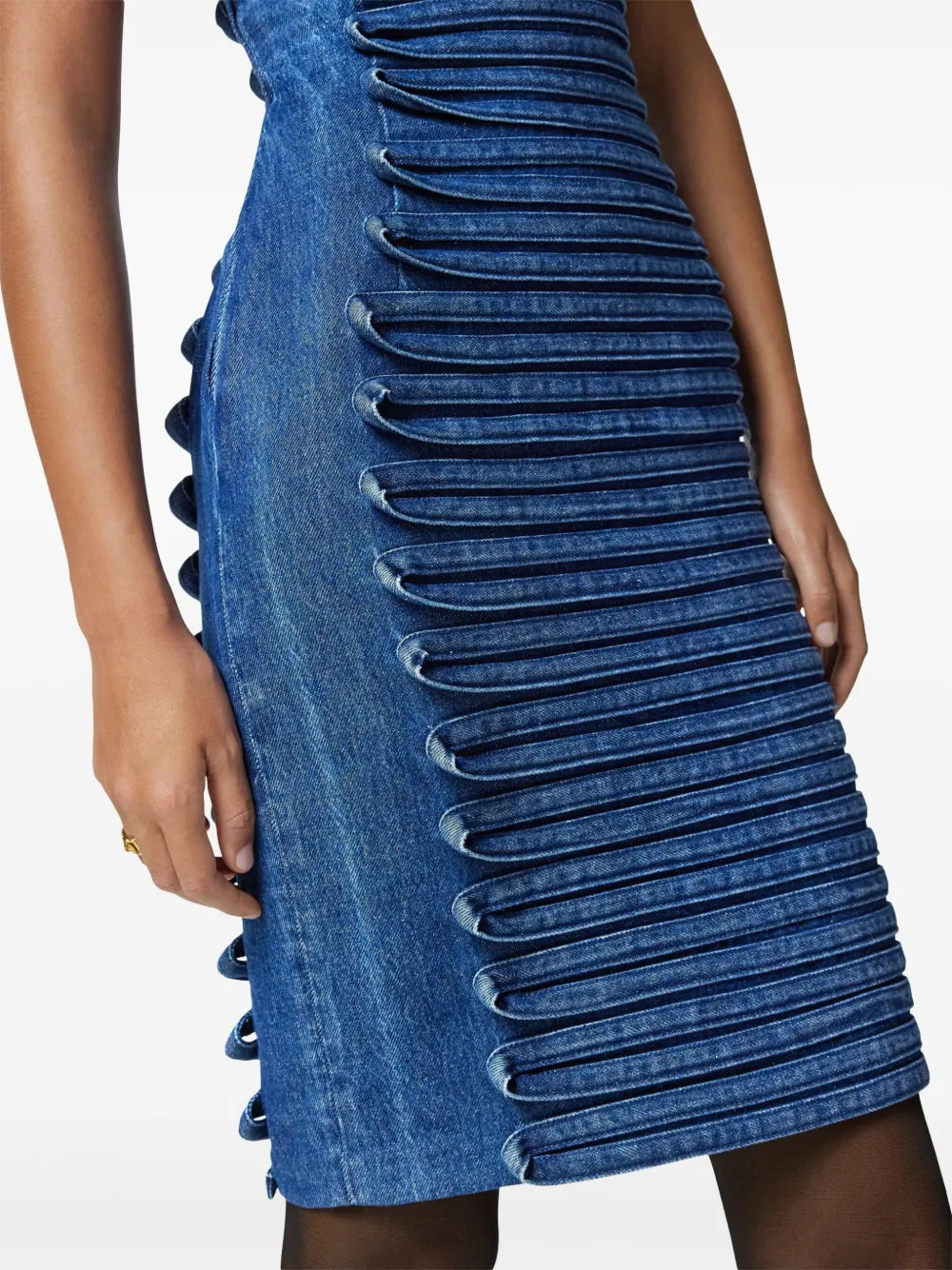 Denim dress, Versace, summer fashion, casual elegance, fitted dress