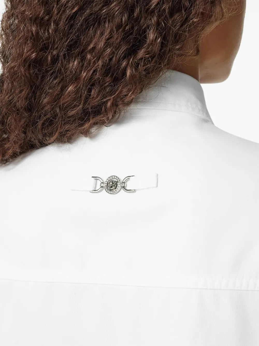 Versace denim shirt, Medusa 95, white denim, puff sleeve shirt, metal accent shirt