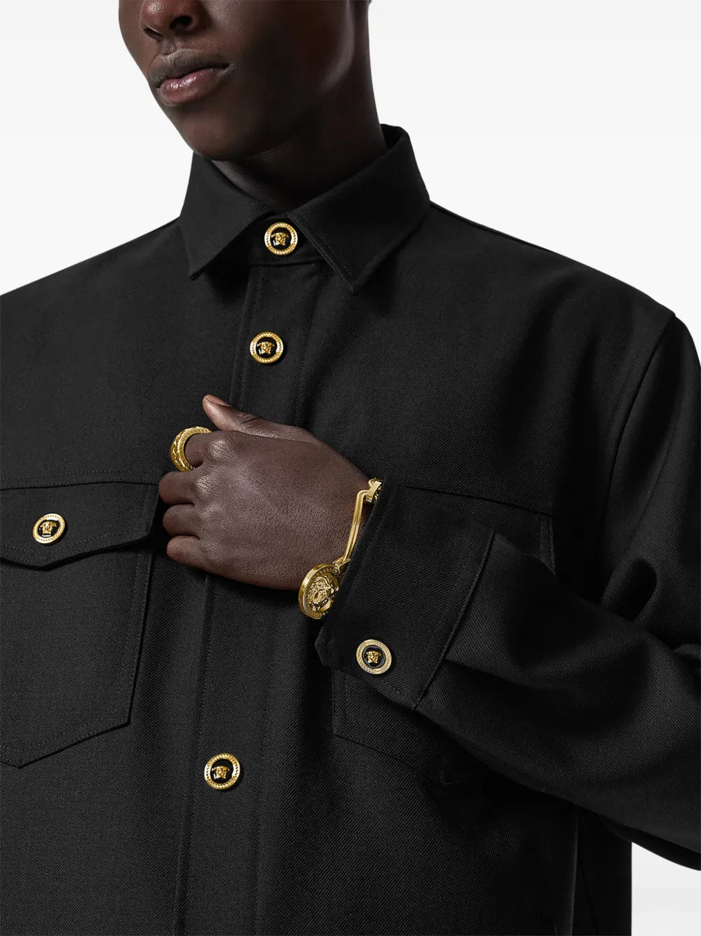 black wool shirt, classic collar shirt, Medusa detail shirt, men's shirts, elegant everyday wear