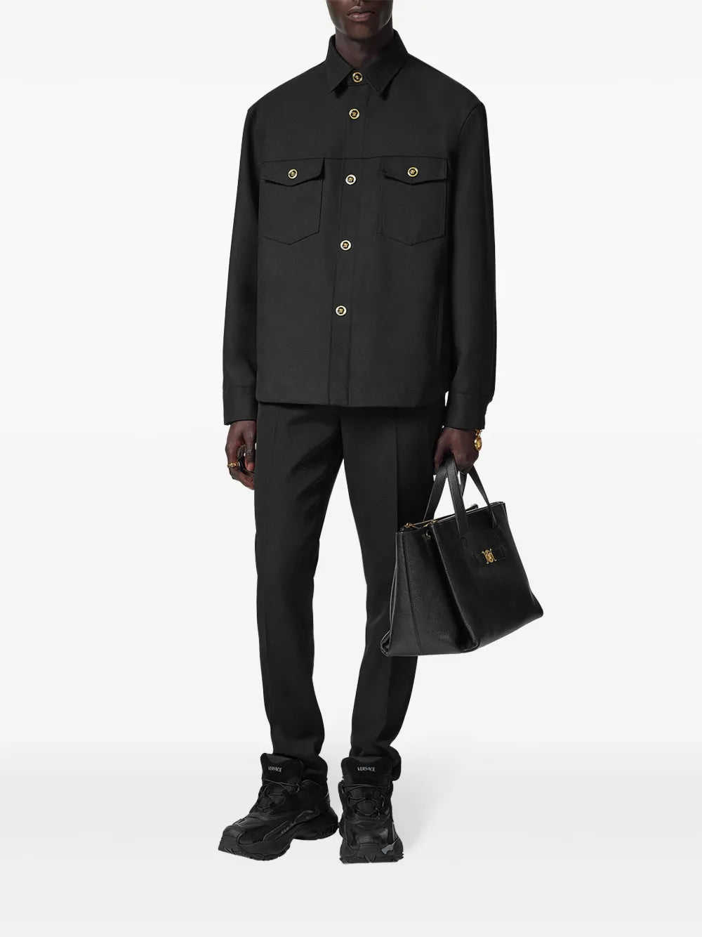 black wool shirt, classic collar shirt, Medusa detail shirt, men's shirts, elegant everyday wear