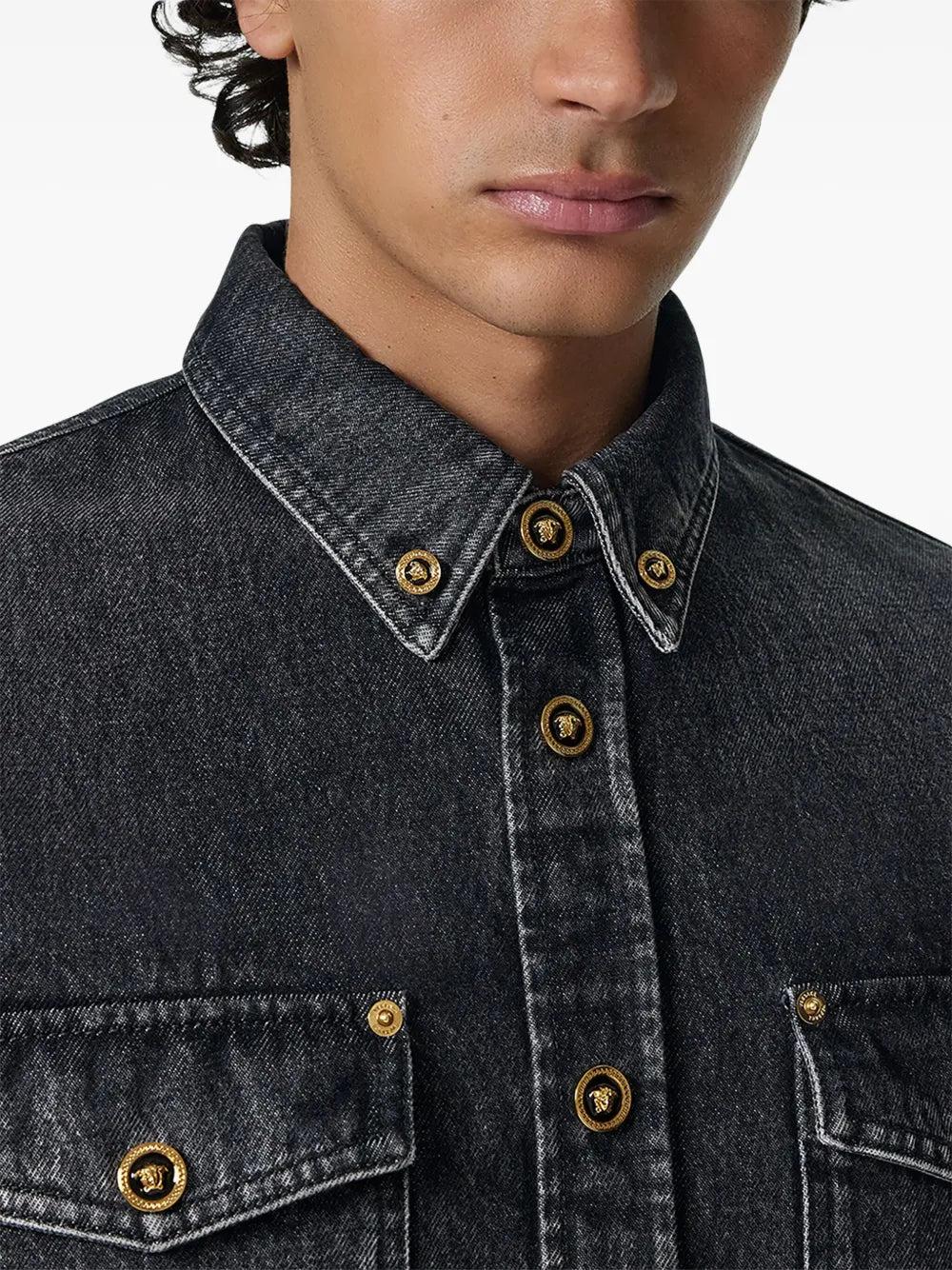 grey denim shirt, Versace, Medusa buttons, classic collar, faded denim