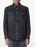grey denim shirt, Versace, Medusa buttons, classic collar, faded denim