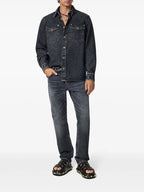 grey denim shirt, Versace, Medusa buttons, classic collar, faded denim
