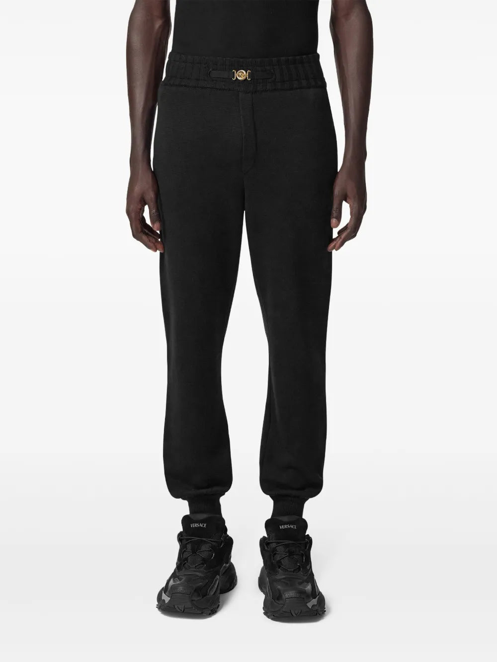 cashmere pants, wide leg pants, black jogging trousers, Medusa Biggie finishes, side pockets
