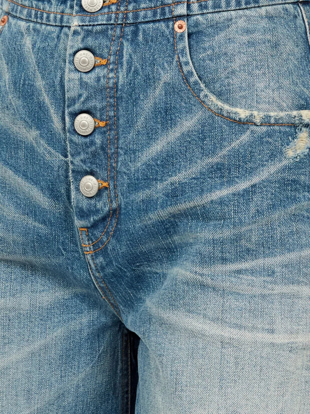 worn straight jeans, MM6 jeans, faded denim, distressed style, five-pocket design
