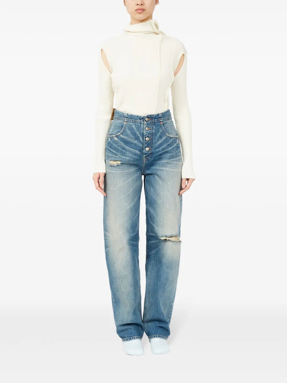 worn straight jeans, MM6 jeans, faded denim, distressed style, five-pocket design